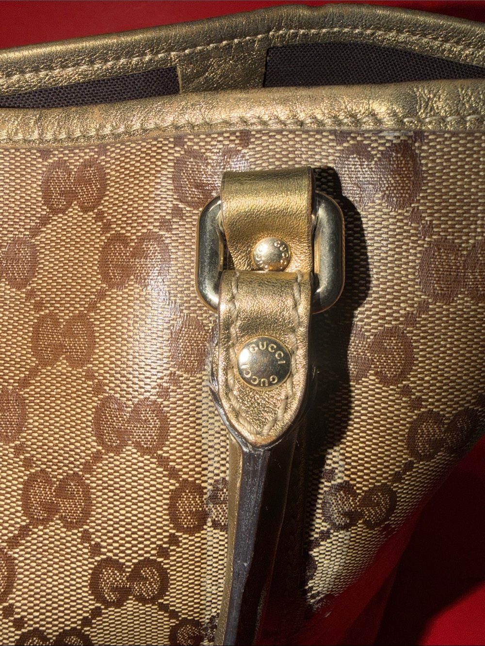 GUCCI Brown GG Monogram Canvas Tote with Gold Trim - Picture 4 of 15